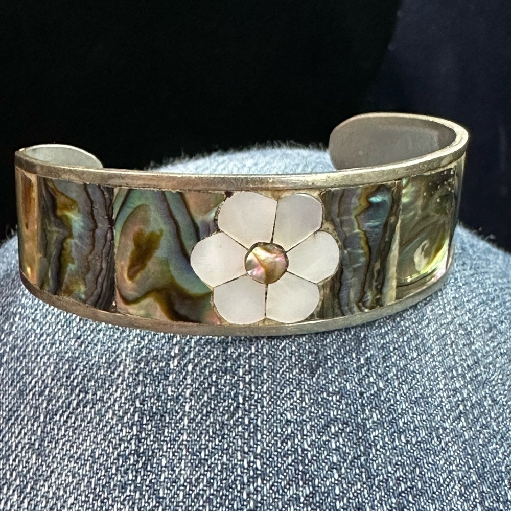 Vintage Alpaca Silver Mother of Pearl Cuff Bracelet
